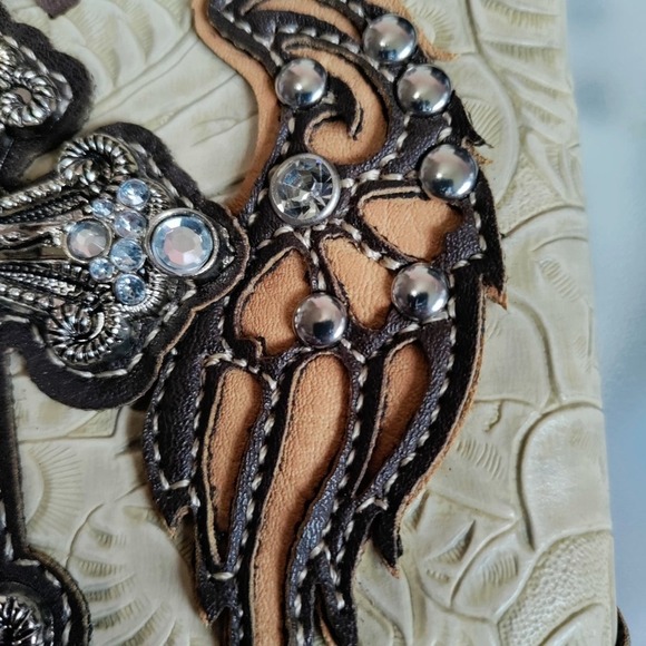 Cross and Wings jewel embellished crossbody messenger bag brown tan faux leather - Picture 8 of 14